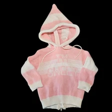 VTG 80s Baby Girl Pastel Pink Hooded Sweater Size 9 Months I'm Sweet Point Hood