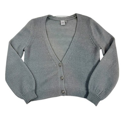 Ichi Open Knit Cardigan Woman s Sz S Gray Rhinestone Button V Neck Stretch