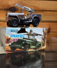 Vintage 3.5" Silver Chrome Sparking Jeep Wind up Toy some damage on box