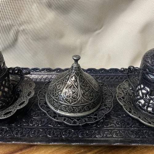 Turkish Coffee Tea Water Set Porcelain Tulip Holder Dark Brass Saucers - Picture 3 of 7