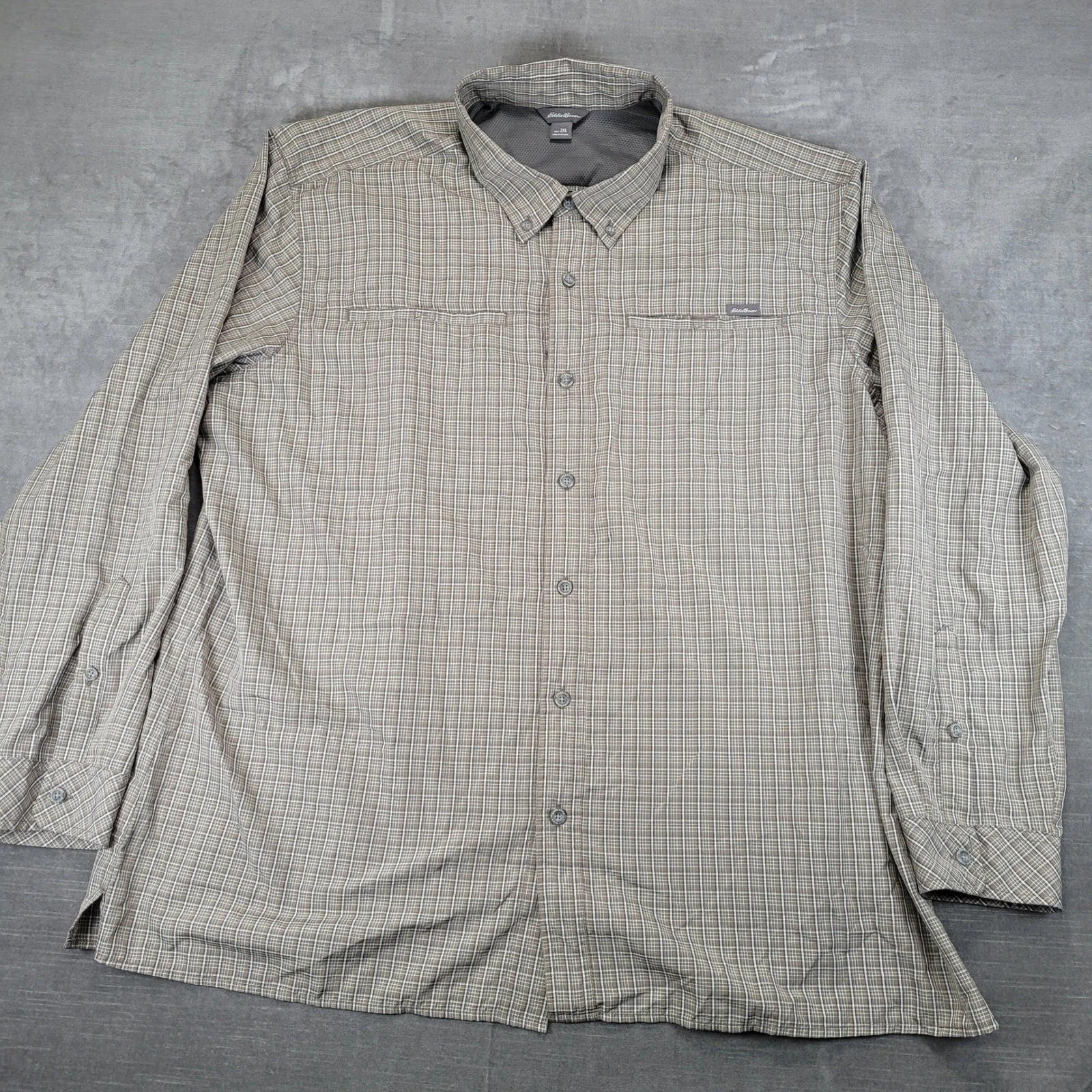 Eddie Bauer Mens 2XL Brown Plaid Long Sleeve Button Down Fishing Hiking Shirt