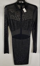 Queen Maria Women's Black Rhinestone Sheer Mesh Mock Neck Mini Dress NWT Sz S