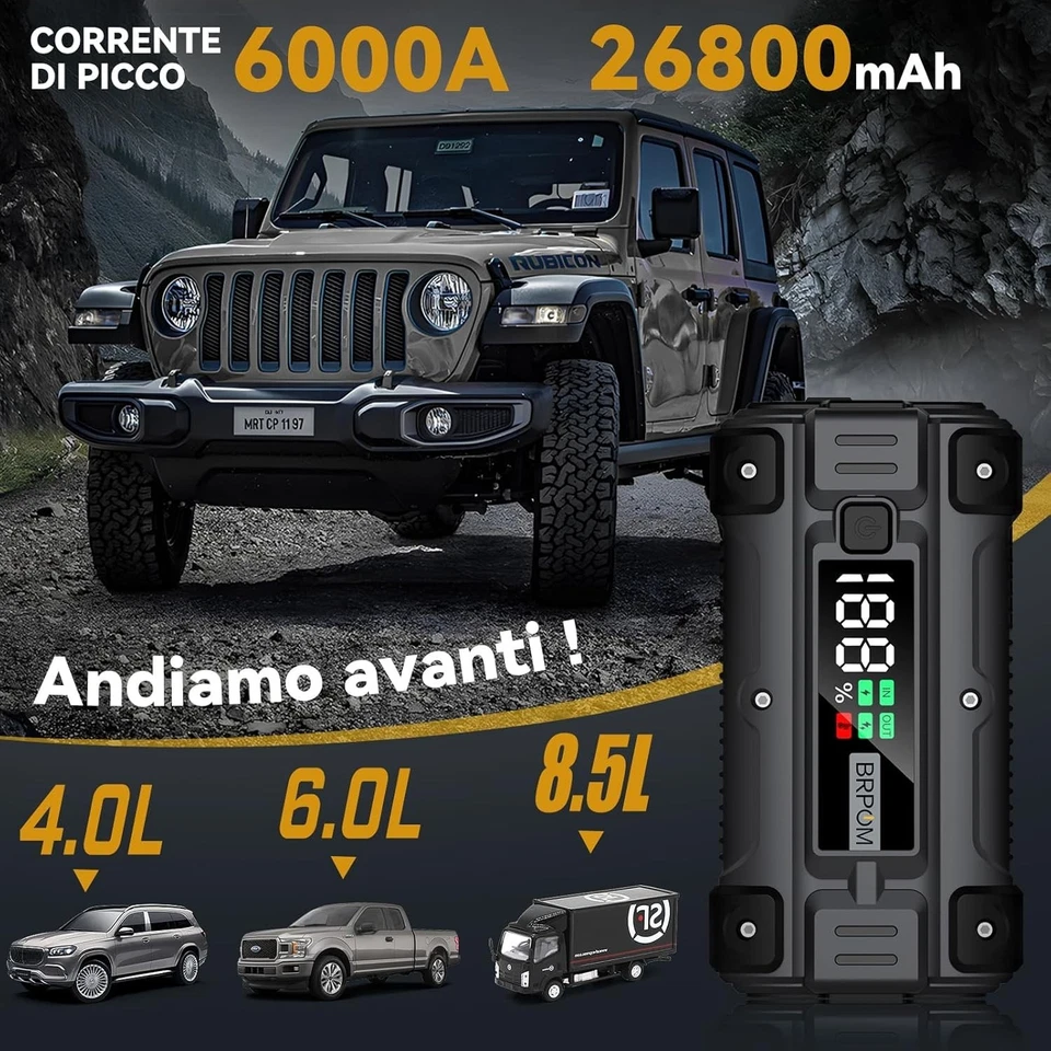 Avviatore Batteria Auto Moto e Camion 6000A Avviamento di Emergenza Jump Starter - Immagine 2 di 4