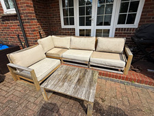 Wood Garden Lounge Set with Beige Cushions & Grey Rectangular Coffee Table