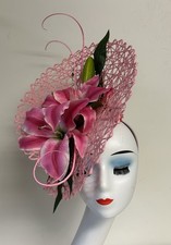 Royal Ascot Kentucky Derby Pink Mesh Lilies Large Fascinator Headband
