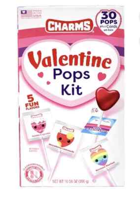 Charms Valentine Pops Kit - 30 Pops plus Cards on Box - 5 Fun Flavors 10.58 oz