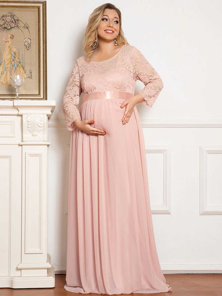 Plus Size Sweetheart 3/4 Sleeve Floor-Length Lace Bump Friendly Maternity  Dress