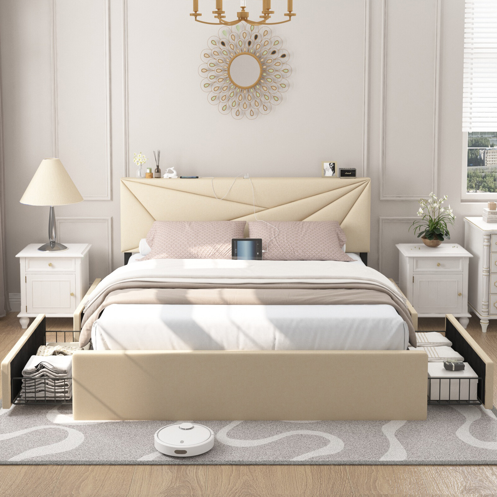 Bed Frame Full/Queen Size with Adjustable Headboard and 4 Drawer-image