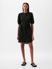 Gap Women Linen Cotton Mini Shirt Dress S Linen Black Cotton Belted Puff Sleeve