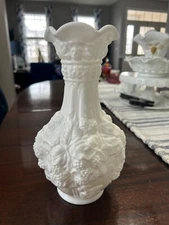 Vintage Imperial Glass Loganberry Pattern White Satin Milk Glass Vase approx 10"