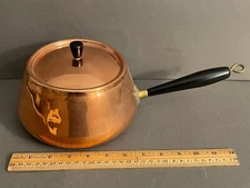 VTG BRUSHED COPPER & SILVERTONE METAL WOODEN HANDLED SAUCEPAN POT WITH LID JAPAN