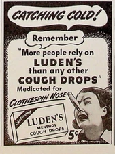 1947 Luden's Cough Drops Vintage 40s Print Ad Clothes Pinned Noose Catching Cold