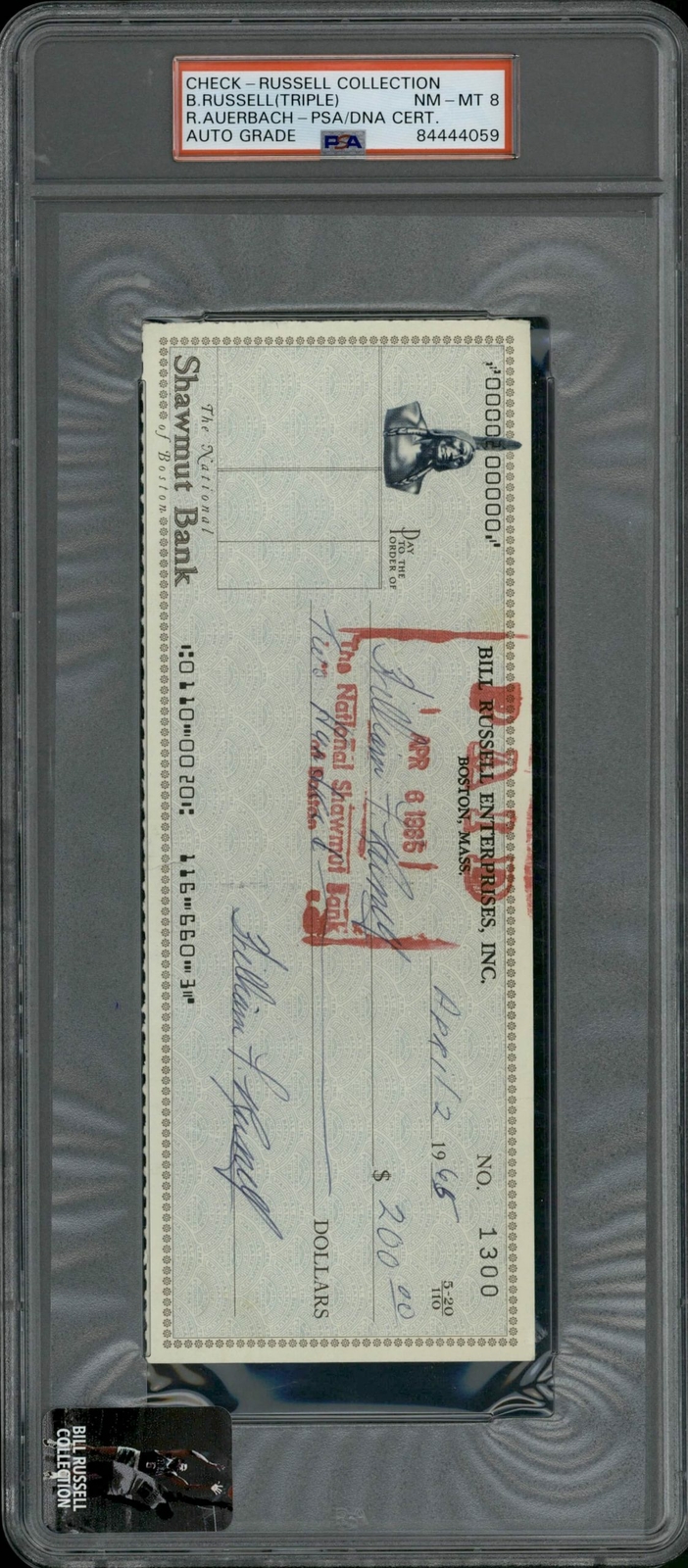Bill Russell Autographed Signed Boston Celtics 1965 Triple and Auerbach Auto Check PSA 8 PSA/DNA Celtics 