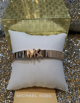 Michael Kors MK Logo Rose Gold Tone Bangle Bracelet Crystals