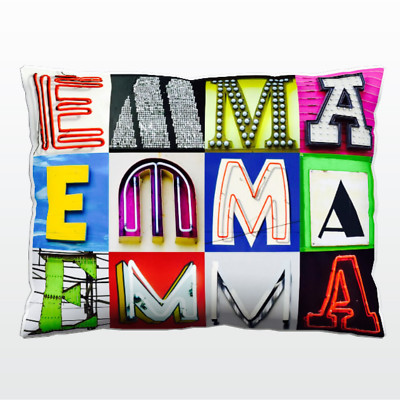 Personalized Pillow featuring the name EMMA in photos of actual sign letters