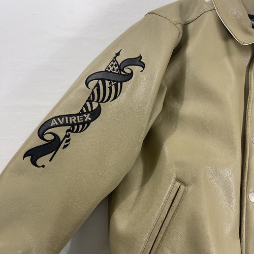 Avirex XL Flight Jacket Vinyl Tan Khaki Embroidered Distressed Vintage Style - Picture 13 of 23