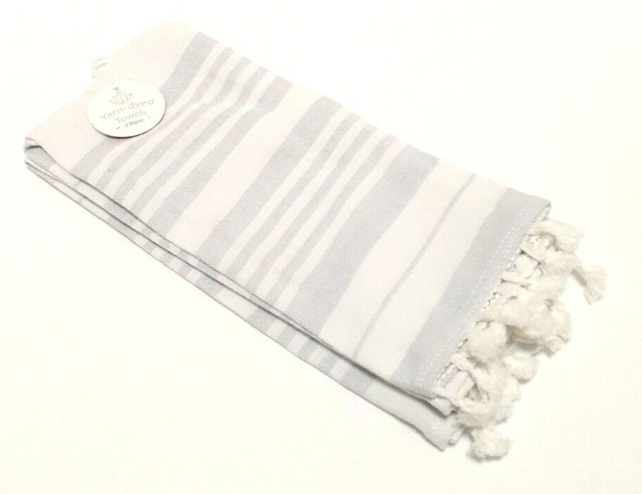 2 Pack Yarn Dyed Lavender White Stripe Kitchen Hand Towel Tassel