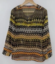 Vince Camuto Women’s Sheer Geometric Roll Tab Sleeve Blouse Size PM Boho