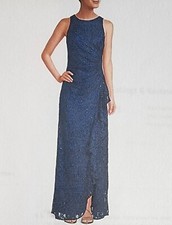 Navy Blue Alex Evening Jewel Sleeveless Ruffle Sequin Stretch Gown Petite 12 NWT