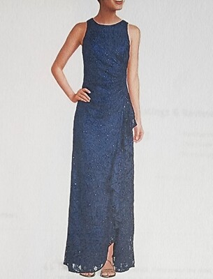 Alex Evenings Petite Long Sleeveless Sequin Lace Dress with Cascade Ruffle Front Slit Royal / 12p