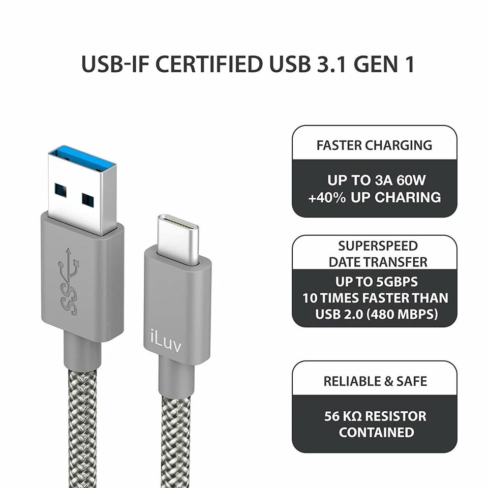 Кабель быстрой зарядки iLuv 6,6 фута тип C, высокая прочность и плетеный, серый - Изображение 2 из 4