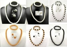 1 Faux Pearl Set:Necklace+Bracelet+Clip On Earrings 18" White, Off white, Black 
