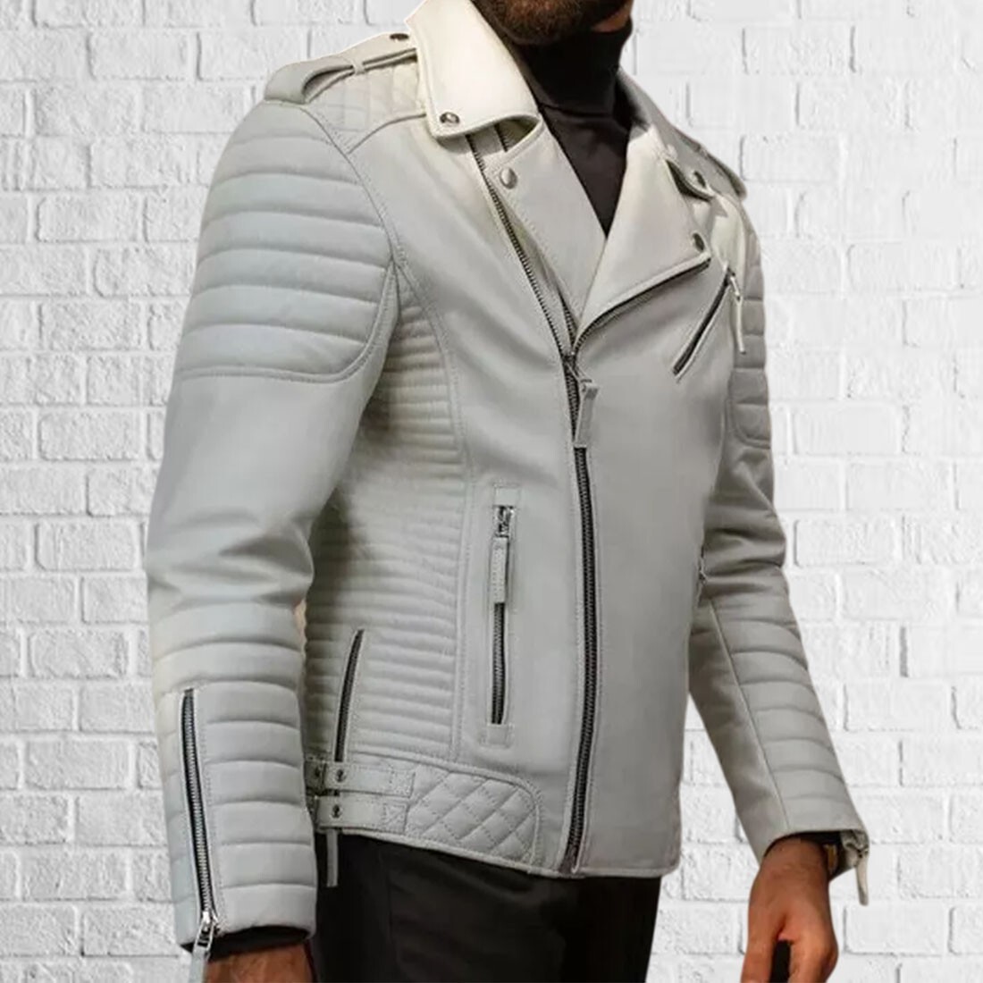 New Mens White Leather Jacket Slim fit Biker Motorcycle Genuine lambskin jacket