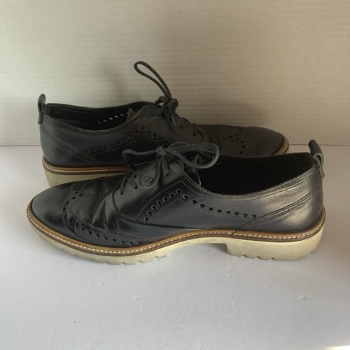 Ecco Incise Oxford Women's Size 7 Black Leather Wingtip Brogue Chuky Lug Sole - Picture 5 of 9