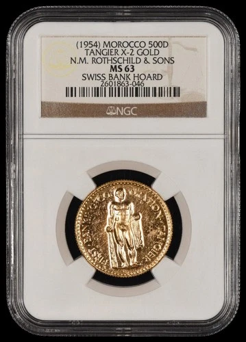 (1954) Morocco 500D Tangier X-2 Gold N.M. Rothschild & Sons NGC MS63 046