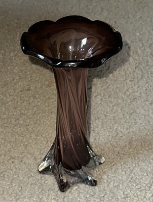 Vintage Hand Blown Art Glass Vase Amethyst Swirl Glass Bud Flared Wavy Trim 
