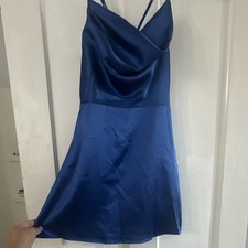 Lulus Blue Satin Cowl Neck Strappy Slip Mini Dress Zip Short, Regular M