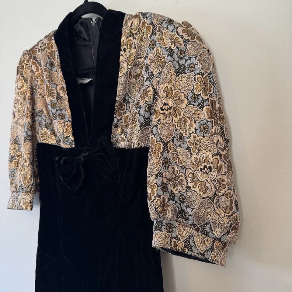 Vestido de Fiesta Jacquard Dorado Terciopelo Negro Años 80 JESSICA MCCLINTOCK Fiesta Bling Foto 3 de 4