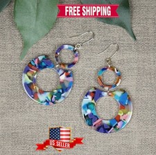 Lightweight Vibrant Multi Color Acrylic Boho Hoop Statement Earrings 18K Wires