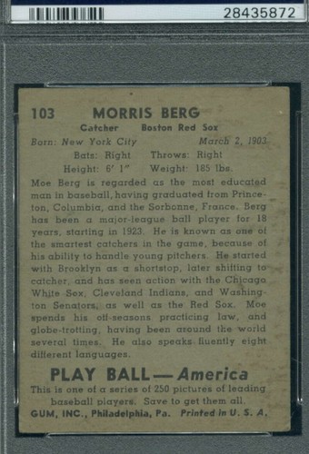 1939 Play Ball #103 Moe Berg PSA 3 Boston Red Sox (5872) - Picture 2 of 2