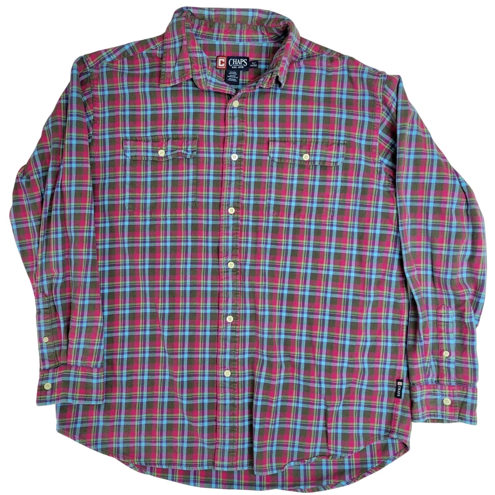 Chaps Mens XL Plaid Flannel Button Down Shirt Pink Blue Cotton Long Sleeve
