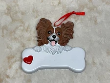 PAPILLON LONG HAIR CHIHUAHUA DOG PUPPY CHRISTMAS ORNAMENT BONE HEART LOVE