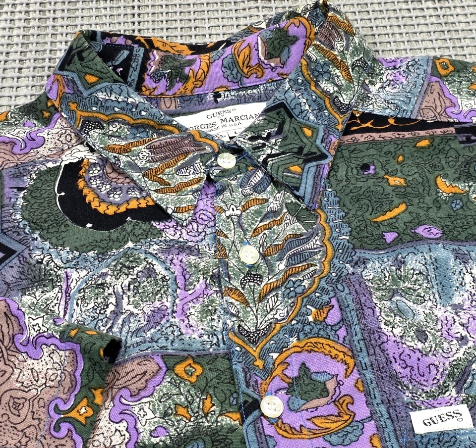 Vtg 90s Guess Georges Marciano Button Up Abstract Geometric L Short Sleeve Shirt - Image 3 of 4