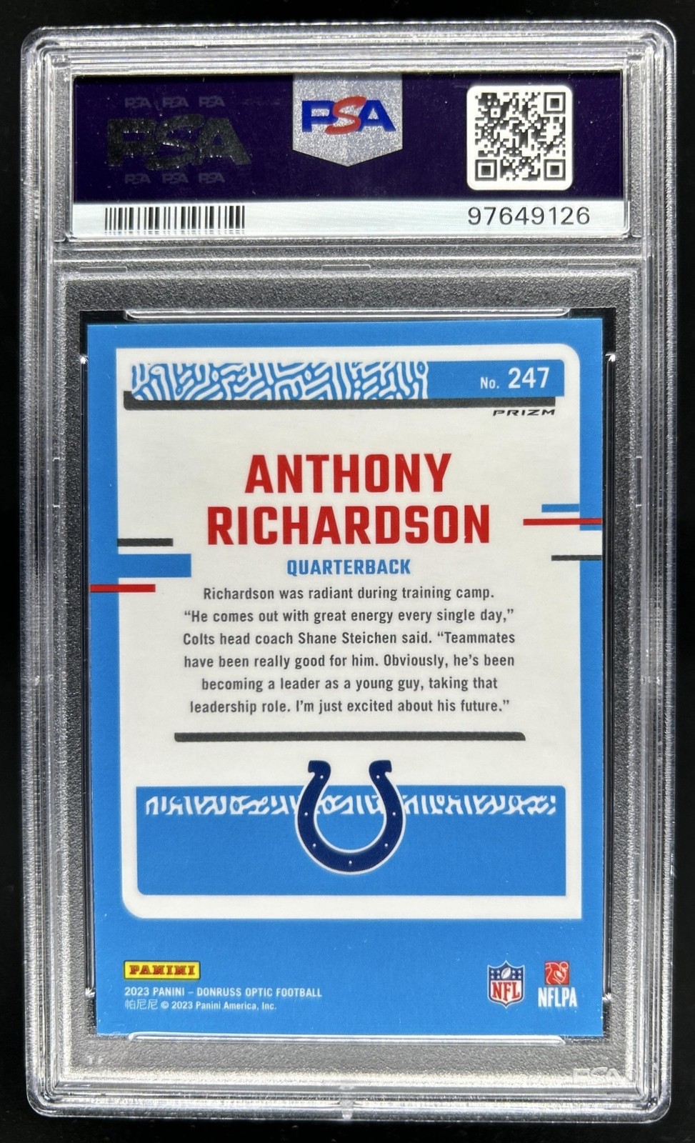 2023 Donruss Optic Anthony Richardson Blue Scope Prizm Rated Rookie #247 PSA 10 view 2