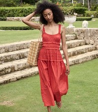 Doen Marianne Shirred 100% Organic Cotton Midi Dress In Carmine Red Size S UK 10