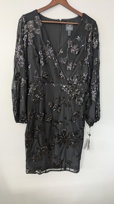 Adrianna Papell Sequin Dress Sz 6 Black Floral Sheath Sheer Puff Sleeve NWT $229