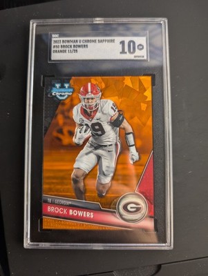 Brock Bowers Orange Sapphire /25 2023 Bowman Chrome U University SGC Graded 10
