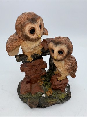 Vintage Tawny Owls Sitting on Bricks Resin Figurine Curio  Decor 8.5  Tall