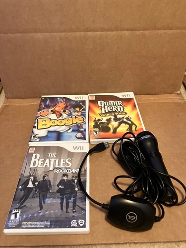 Wii Game lot 3 Games CIB+EA Logitech Microphone Beatles GuitarHero Boogie TESTED