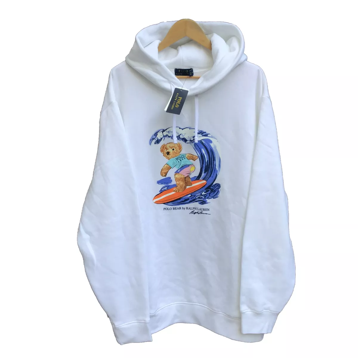 New nwt Polo Ralph Lauren Polo Bear surfing white hoodie sweater mens xxl tall