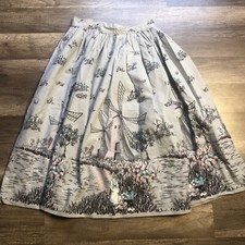 VTG 1940s/50s Novelty Border Print Pleated A Line Skirt Dutch Windmills Tulips