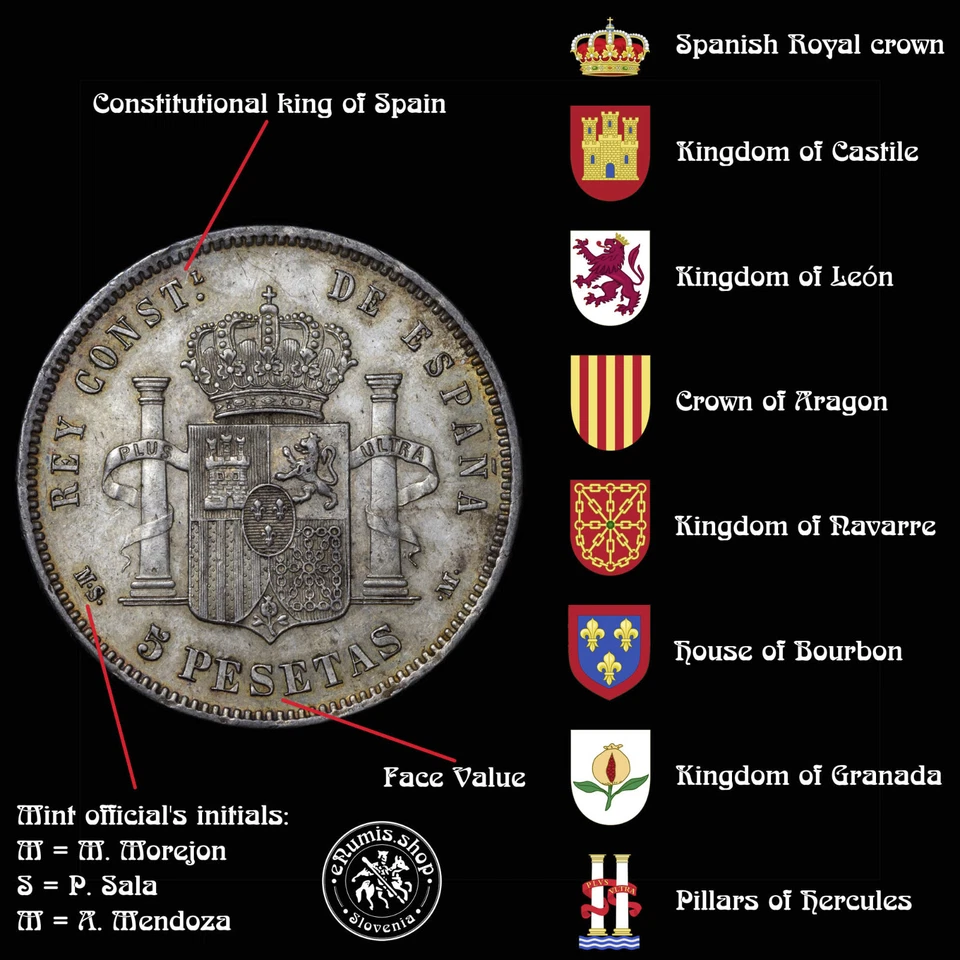 SPAIN, Alfonso XII, 5 Pesetas 1884 MS-M, XF+ - Image 4 of 4