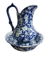 Antique Victoria Ware ironstone Blue Flow Chintz With Water Pitcher And Bowl