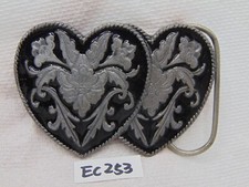 WESTERN BELT BUCKLE DOUBLE HEARTS TRUMPET FLOWER PEWTER SISKIYOU 1992 VINTAGE
