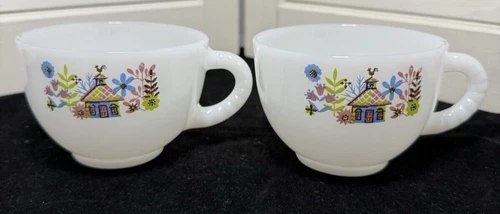 Vintage Federal Glass Company Milk Glass Cups Rare Chalet Pattern 1950s Set of 2