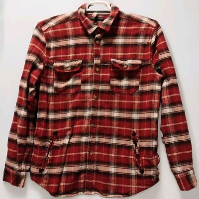 Mens M Lined Flannel Elbow Patch Red Plaid Thick Vtg Rugged Work Chore